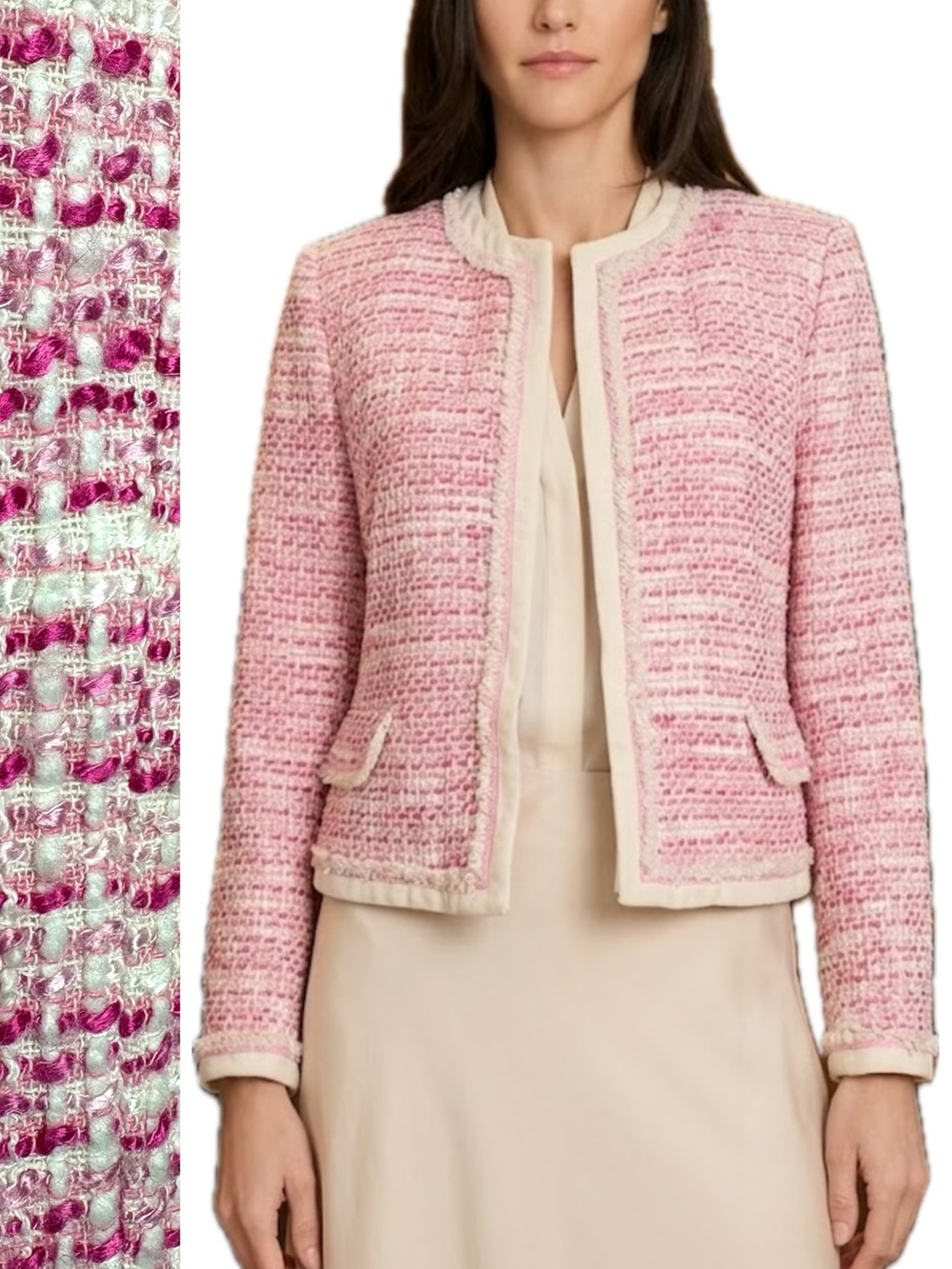 Vintage Tahari Arthur S. Levine Tweed Fringe Blazer Womens Size 8 Barbie Pink